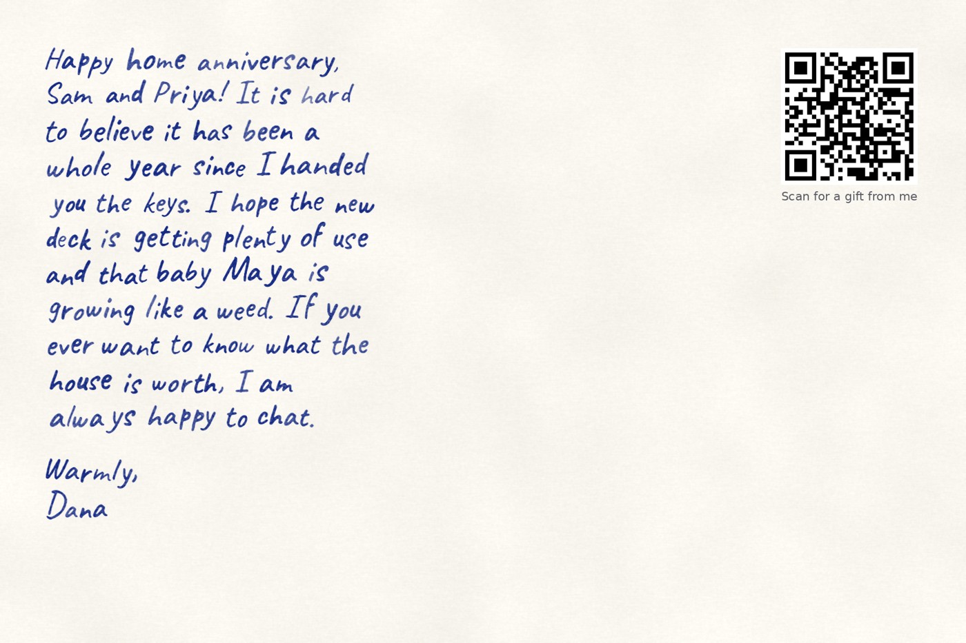 A postcard handwritten in blue ink, with a QR code and a printed address block